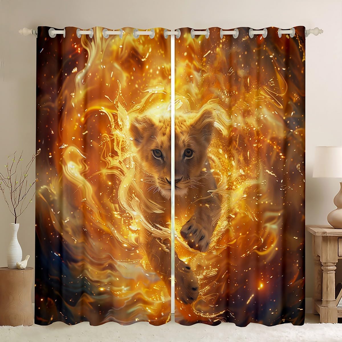 Manfei Wild Tiger Kids Blackout Curtain,Butterfly Roses Flowers Dreamy Window Drapes for Boys Girls,Rustic Animal Hunt Adventure Blue Purple Window Treatments Grommet Top 2 Panel Set,42Wx90L inch