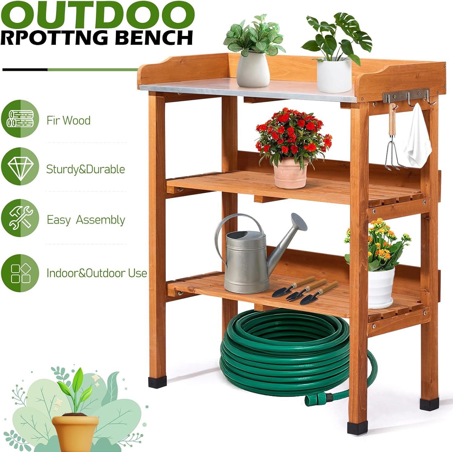 Outdoor Potting Bench Garden Work Station, Solid Wood Planting Table w/Sink Drawer Shelves,Metal Top, Folding Patio Furniture for Porch Balcony (29.1 x 14.2 x 35.6(Orange Yellow))