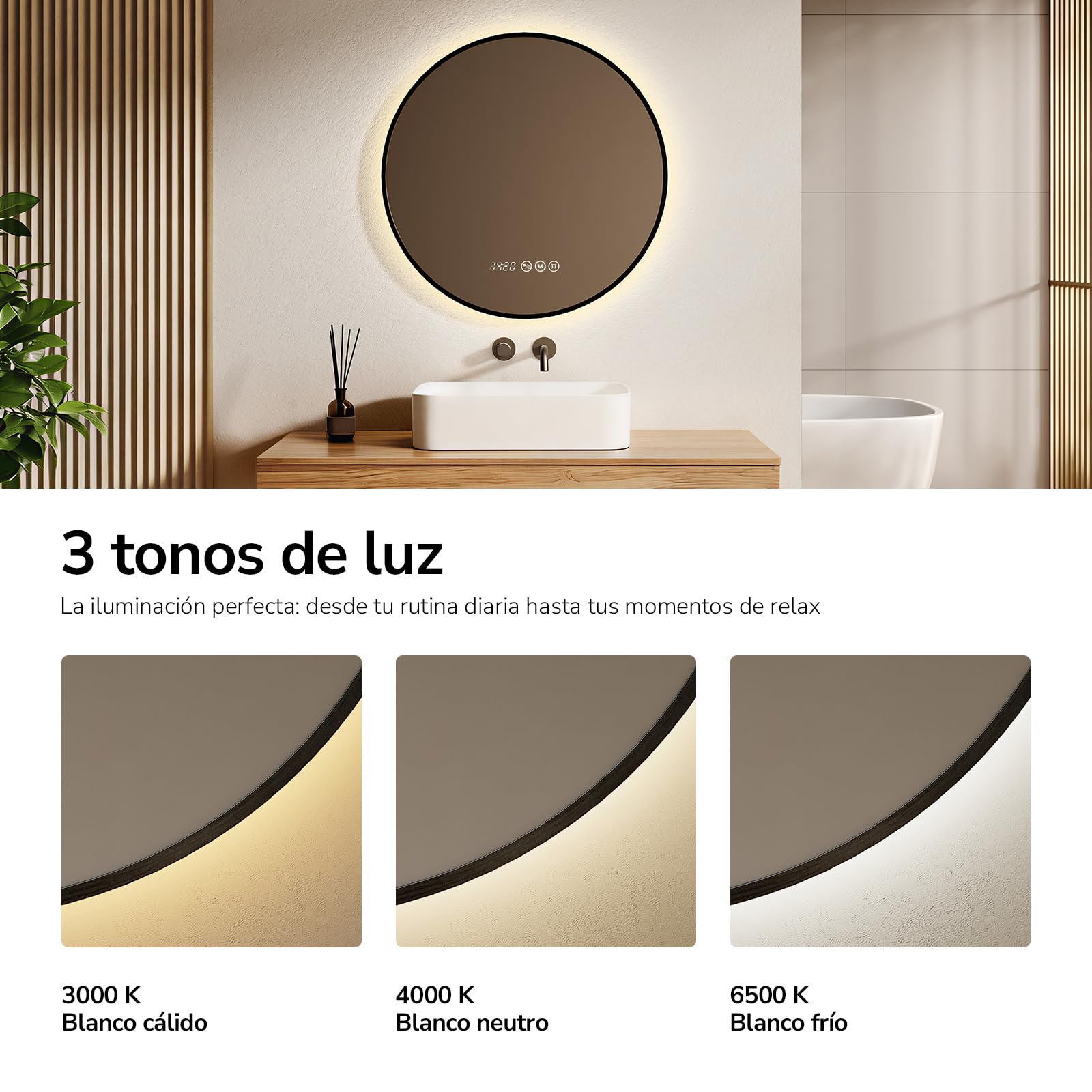 EMKE Espejo de Baño LED Redondo con Reloj y Anti-Vaho,Marco Negro,80 cm | Espejo Pared Lumino Marco de Aluminio - Luz Regulable 3 Color (3000K-6500K), Control Táctil, Memoria, Apagado Auto 3h