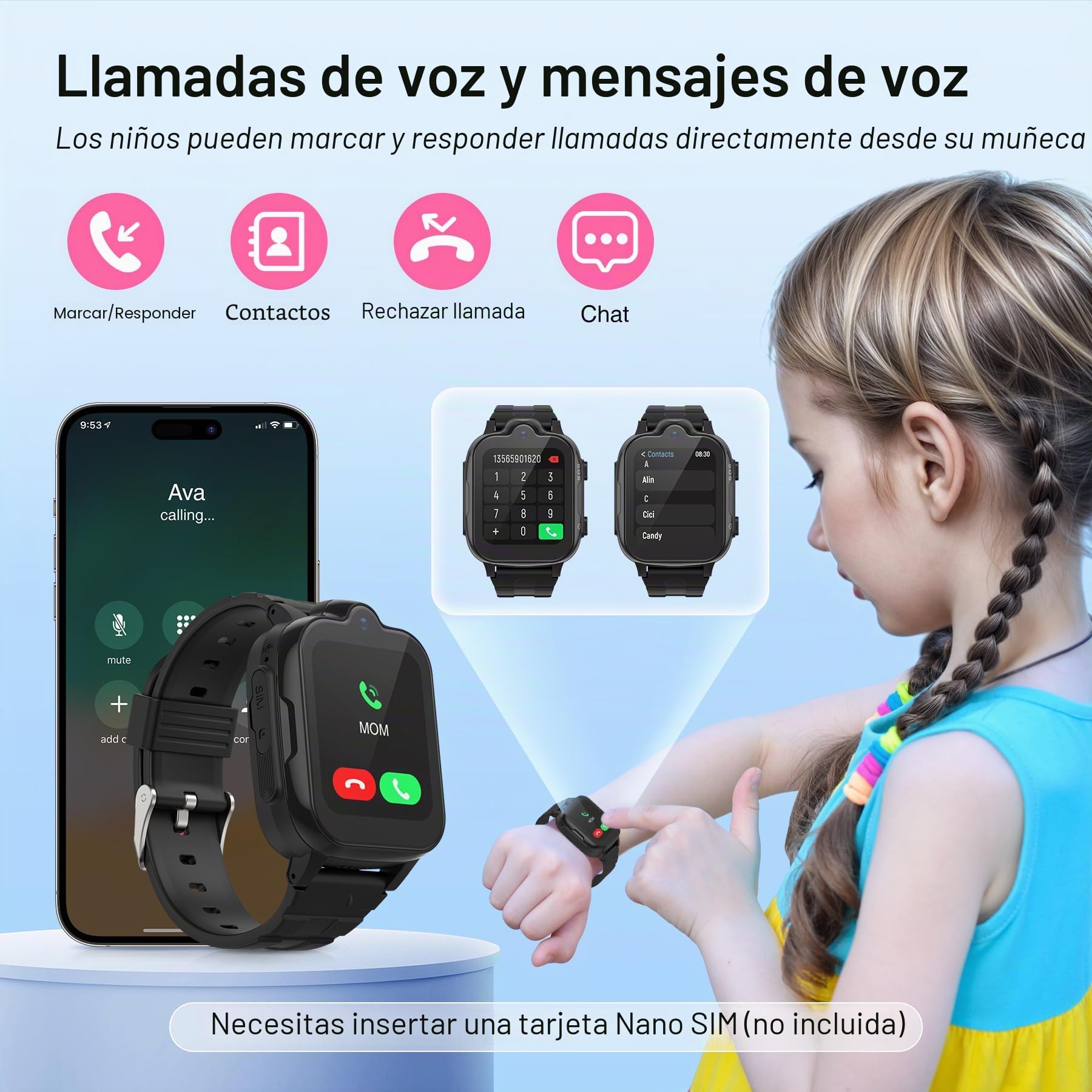 Reloj inteligente 4G GPS y teléfono, IP67 resistente al agua, llamadas, WiFi, videollamada, SOS, despertador, para niños 3-12 años, negro