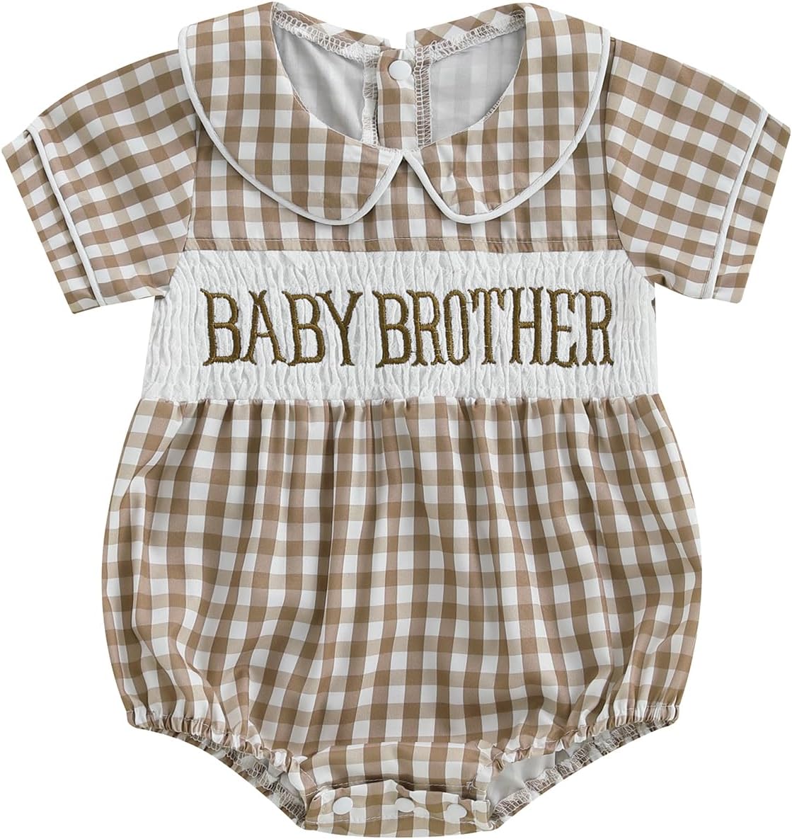 Baby Brother Romper Infant Boy Letter Print Bubble Rompers Gingham Babydoll Collar Short Sleeve Smocked Bodysuit