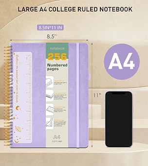 A4 Spiral Notebook Journal 8.5” x 11”, 256 Numbered Pages Hardcover Leather Journals for Women Men, Large Lined College Ruled Notebooks, 100GSM Thick Paper, Spiral Bound Journal for Work School Purple