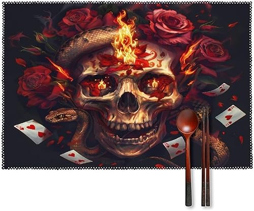 Halloween Poker Red Rose Fire Skull Placemats Set of 6 Resistant Table Mats Washable Place Mats for Dinner Party Table Decoration