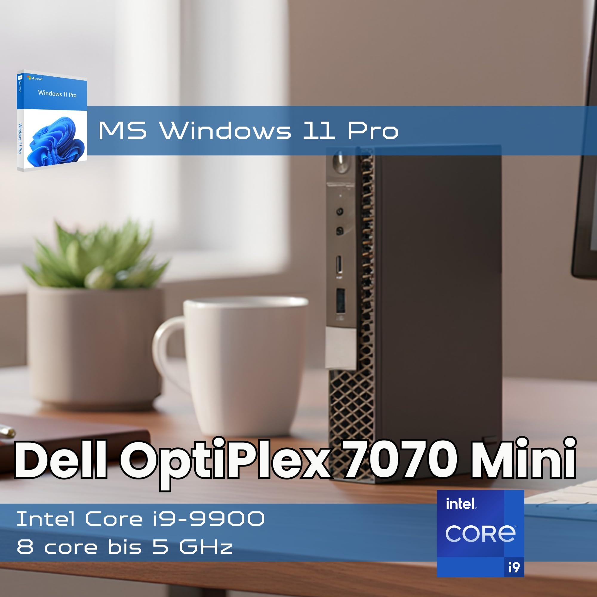 Dell OptiPlex 7070 Kompakter Mini-PC | Intel Core i9-9900, 8 Kerne, 16 Threads, Turbo bis 5,0 GHz | 16 GB DDR4 | 512 GB NVMe-SSD | DisplayPort, HDMI, 4X USB | Windows 11 Pro | Generalüberholt | 36 M