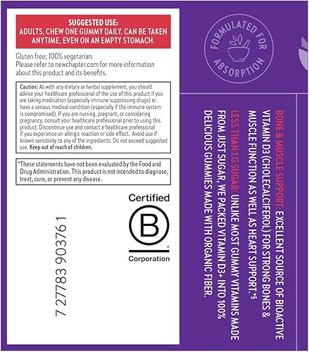 Miniatura 8 de New Chapter Gomitas orgánicas de vitamina D3+, 72% menos de azúcar, 1,000 UI USDA de vitamina D orgánica, una gomita diaria para huesos fuertes y