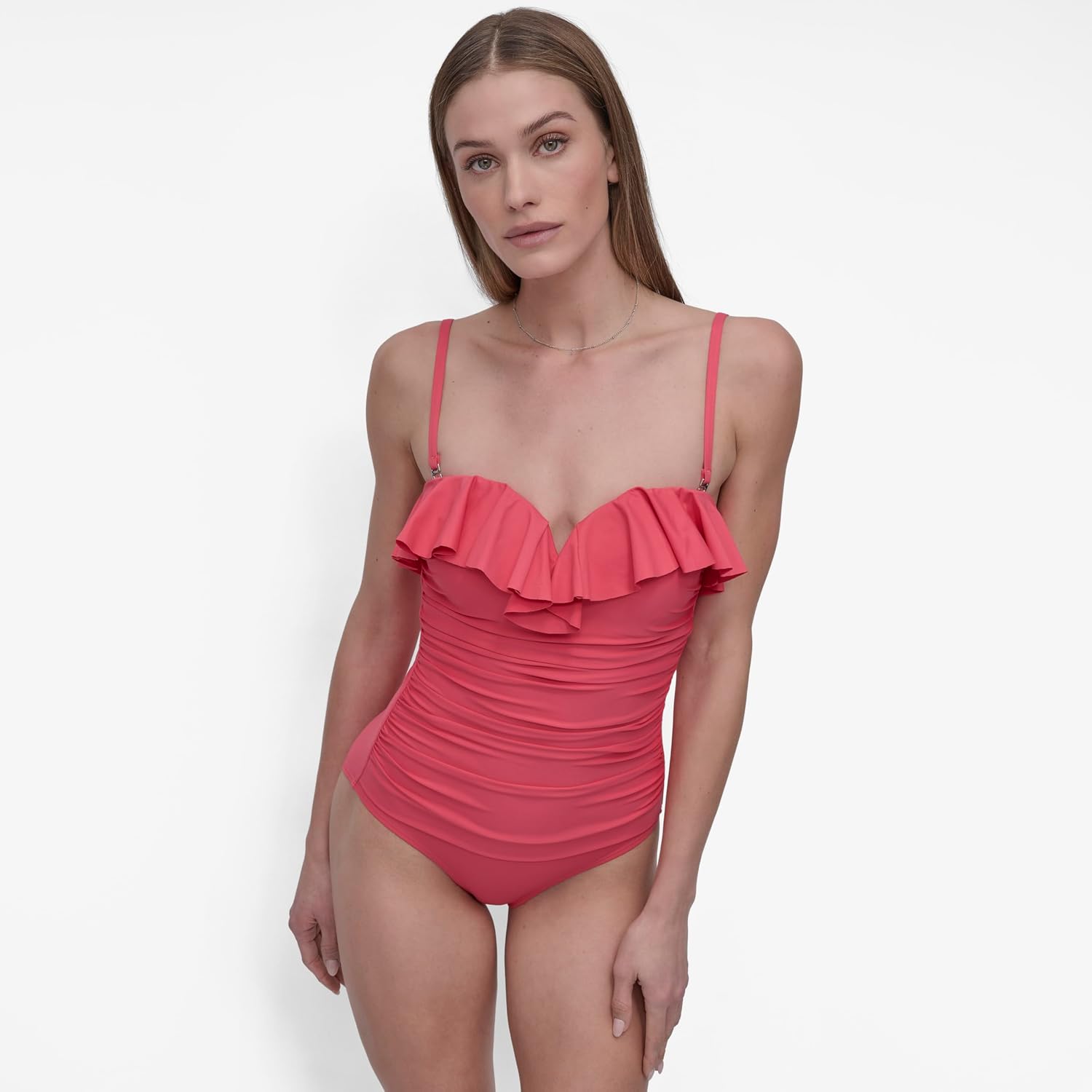 DKNY Womens Pin-up Ruffle Bandeau One Piece Swimsuit with Tummy Control