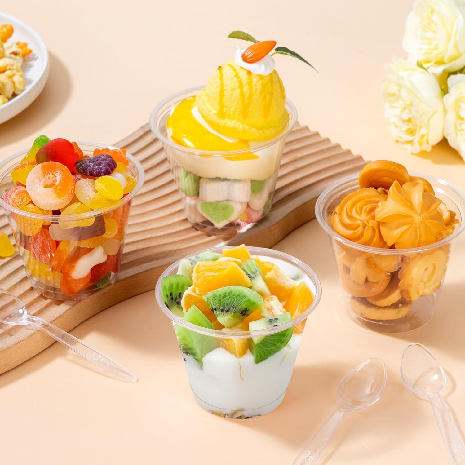 KesaPlan 100 Set 9 oz Plastic Clear Dessert Cups with Dome Lids No Hole & Spoons, Crystal Disposable Parfait Cup with Lids, Plastic Fruit Cups for Ice Cream Puddings Yogurt Smoothie Juice Snacks - Image 2