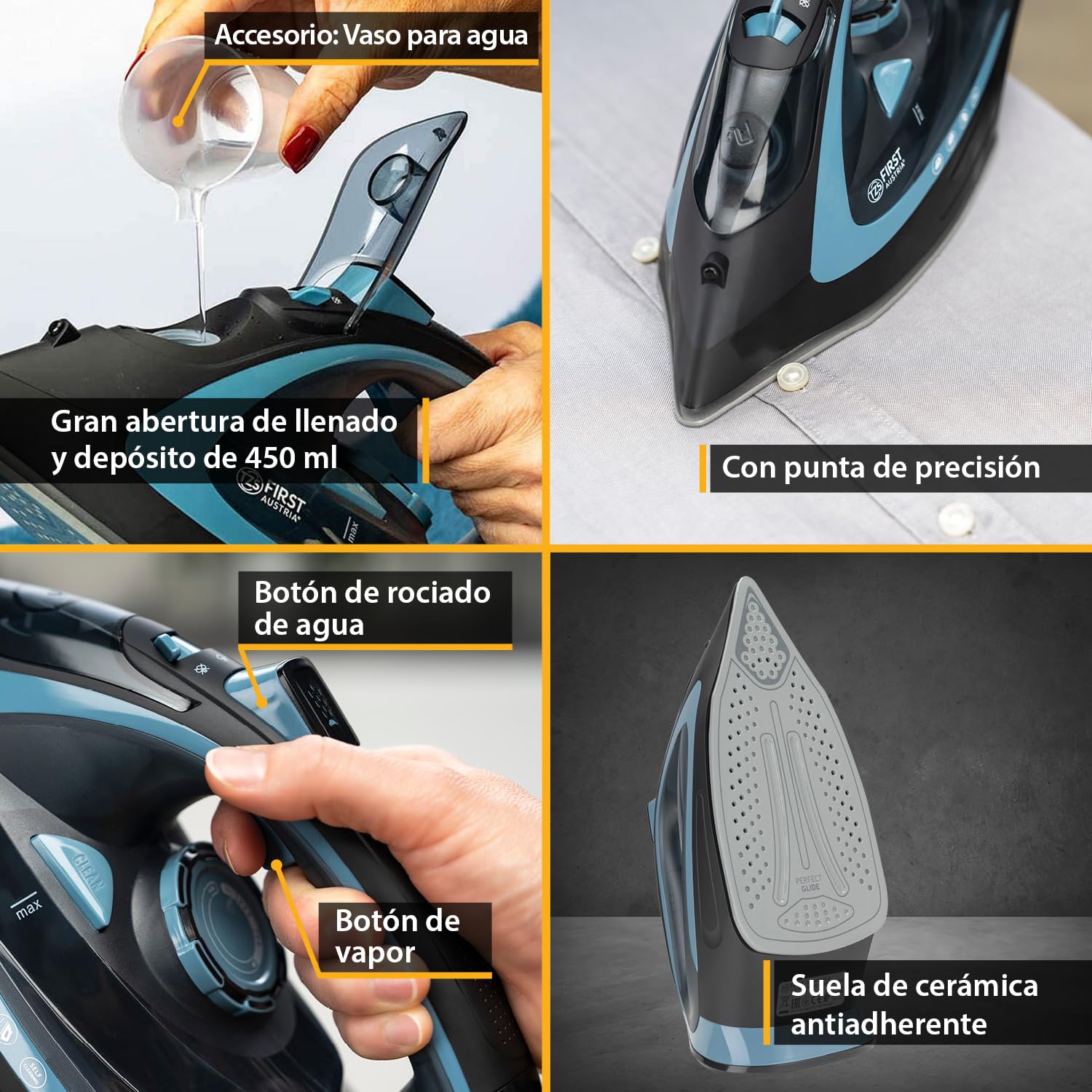 TZS First Austria - Plancha de vapor sin cable con estación 2400W - Con depósito de 450 ml, sistema antigoteo, temperatura e intensidad regulable y suela de cerámica - Con vapor vertical