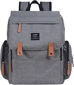 THE LAND Bolsa Mochila Maternidade, Original, Modelo Luxury, Marca d’água LANDUO, Até 7kg, 16 Bolsos Funcionais, Trocador, Ganchinhos, Impermeável, Térmica, Oxford 600D. (Preto) (Cinza)