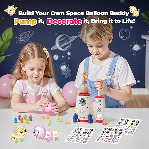 Miniatura 3 de PINSHILE Kit de manualidades de globos mágicos espaciales, globos decorados con calcomanías para niños, bomba de aire de cohete divertido con