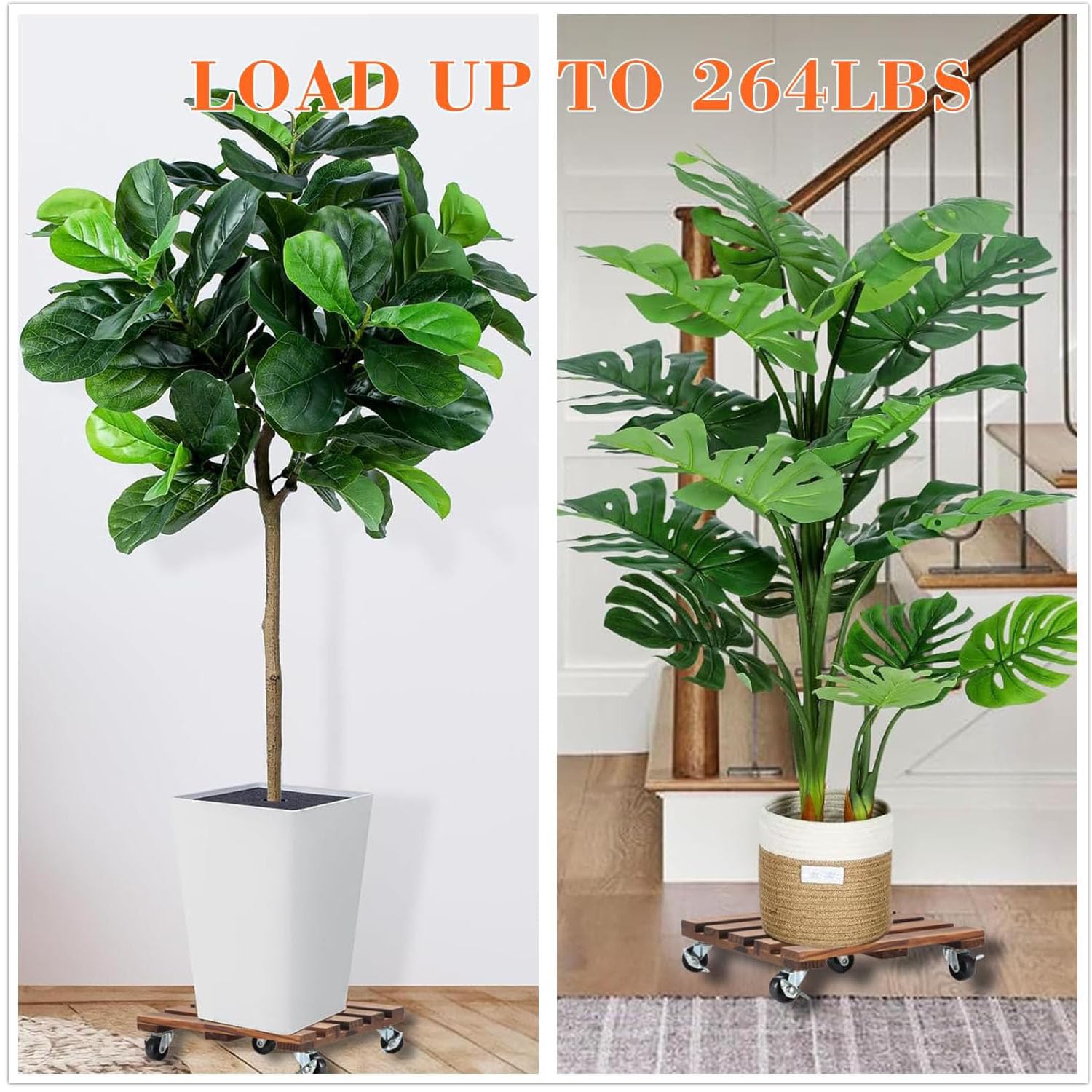 Duscdesp 2 Pack 360° Plant Stand 30cm Plant Caddy with Lockable Wheels Wooden Pot Stand Flower Stands Heavy Duty Stands(Square) - Image 4