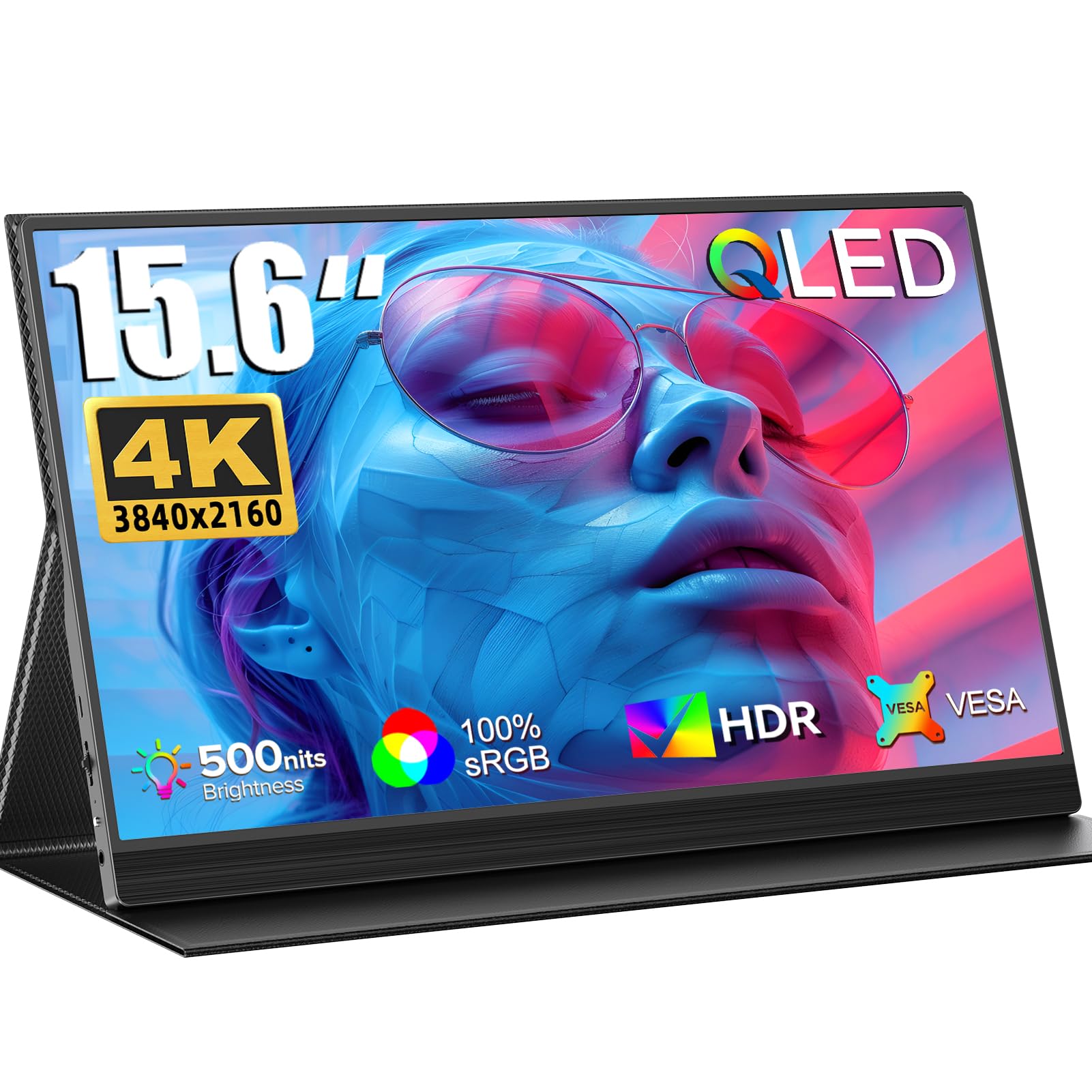 UPERFECT Portable Monitor QLED 4K 15.6 Inch 100% AdobeRGB 1500:1 500Nits Portable Screen with Folding Leather Case, Portable UHD IPS Monitor with Mini HDMI/Type-C/USB OTG, VESA Support