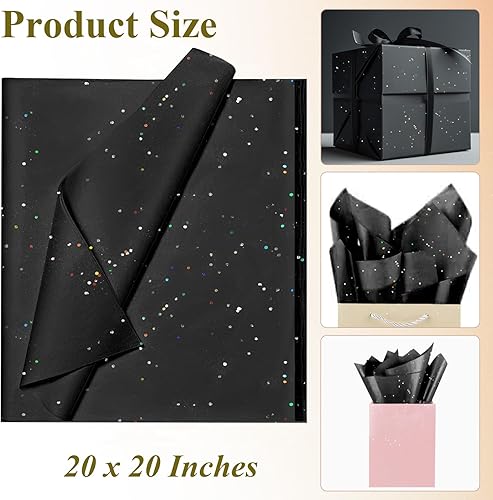 Miniatura 2 de Papel de seda negro con purpurina para bolsas de regalo, 36 hojas de 20 x 20 pulgadas, papel de regalo reciclable para bodas, cumpleaños, fiestas y