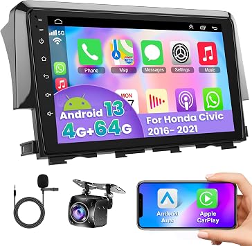 4+64GB Car Radio Stereo for Honda Civic 2016-2021, 9 Inch Touch Screen Radio Support Wireless CarPlay&Android Auto/GPS Navigation/Bluetooth5.2