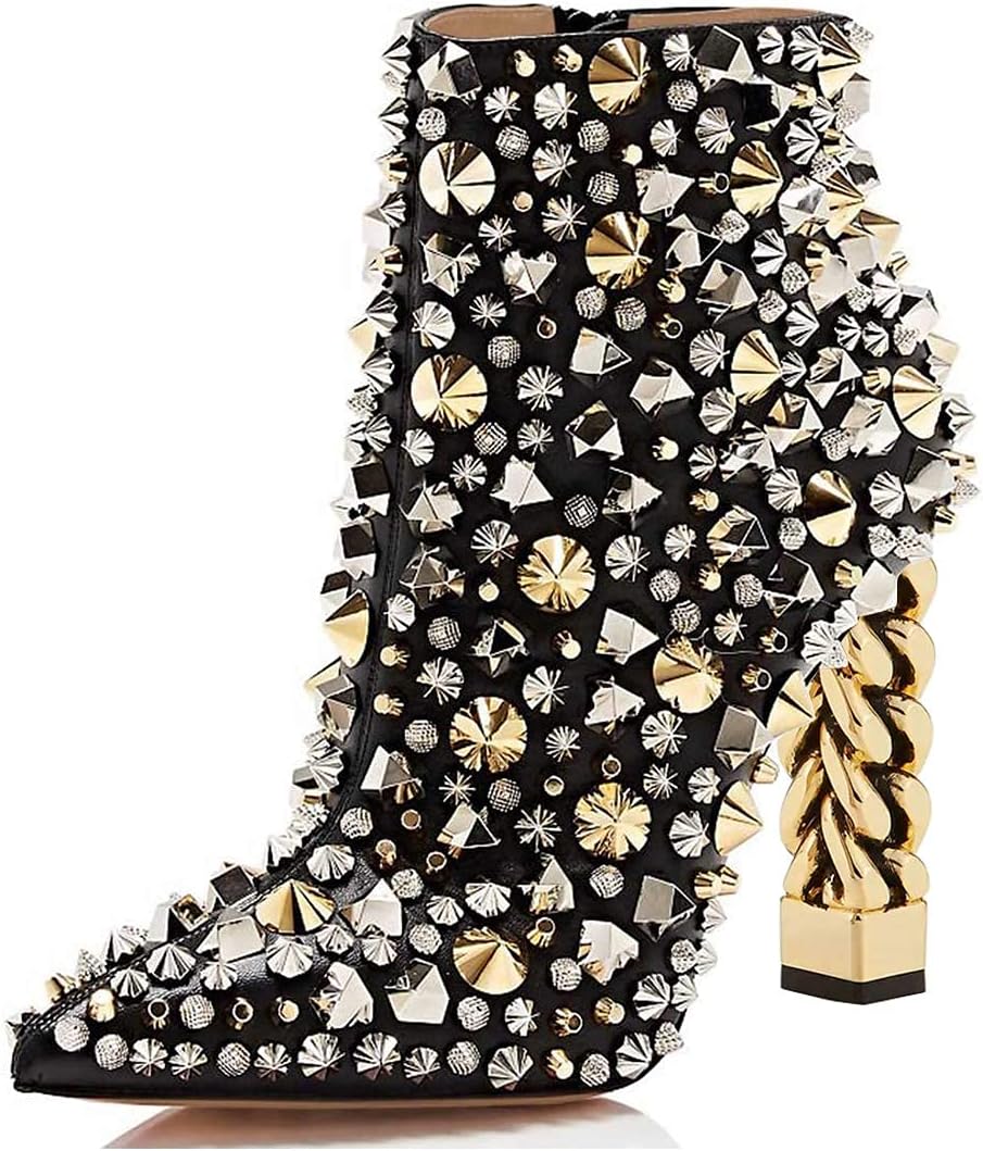 FSJ Women Trendy Pointed Toe Ankle Boot Block Chunky Gold High Heel Bootie Party Prom Shoes with Zipper Size 4-15 US