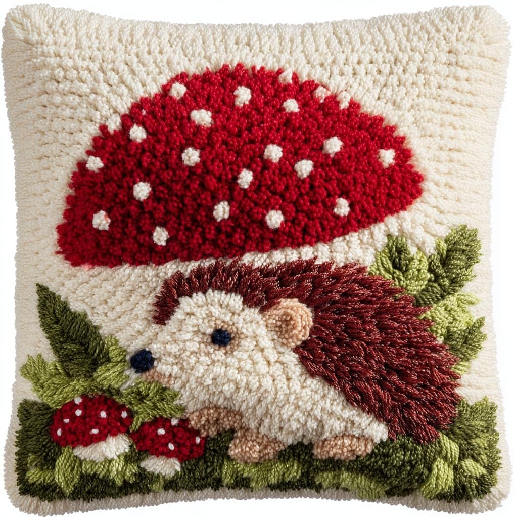 WallustrioaW Latch Hook Kits Pillow,Hedgehog and Mushroom,Printed Canvas Cushion DIY Kit Embroidery Pillowcase Rug Cover Home Sofa Christmas Decoration,17x17in