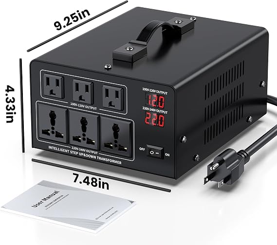 3000W Voltage Converter Transformer Step Up 110V/120V to220V/240V or Step Down 220V to 110V AC Power Converte, Circuit Breaker Protection, 3 US sockets, 3 Universal sockets, LCD Display