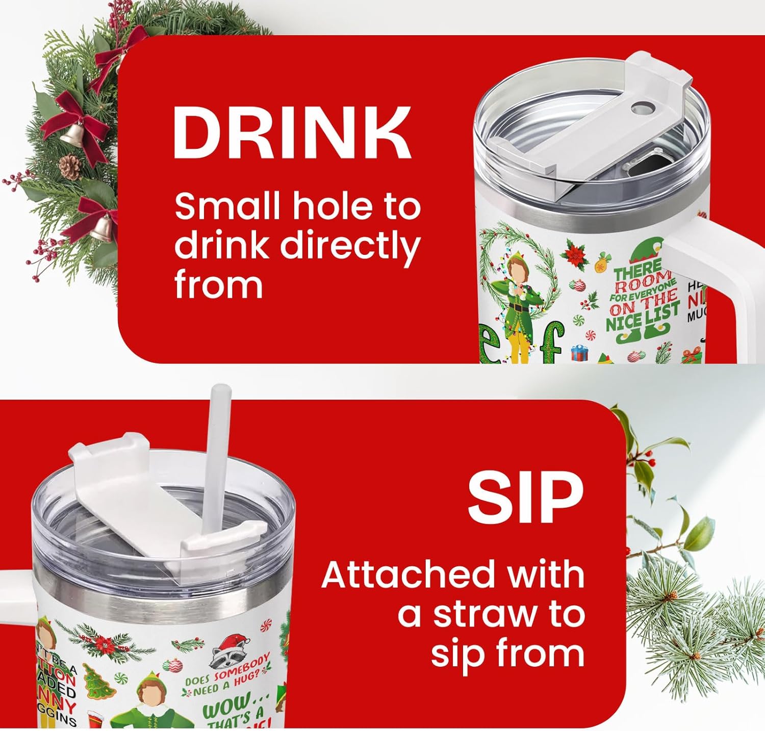 34HD Xmas Festival Tumbler 40oz with Handle and Straw, Festive Holiday Elf Stainless Steel Insulated Travel Coffee Mug - Christmas Gift Cup for Him Her & Coffee Lovers - Image 3