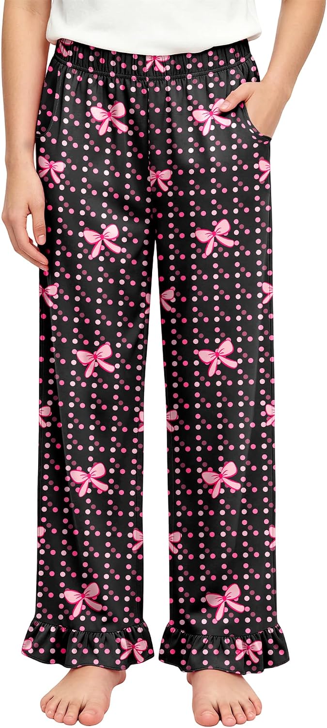 Girls Pajama Pants Lounge Sleep Bottoms Ruffled Hem Pjs Kids Sleepwear