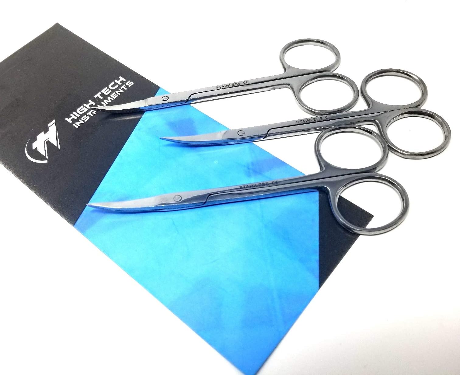HTI BRAND Iris Micro Dissection Lab Sharp Scissors, Curved, 4.5" (11.43cm) Fine Point, Stainless Steel (Pack of 3)