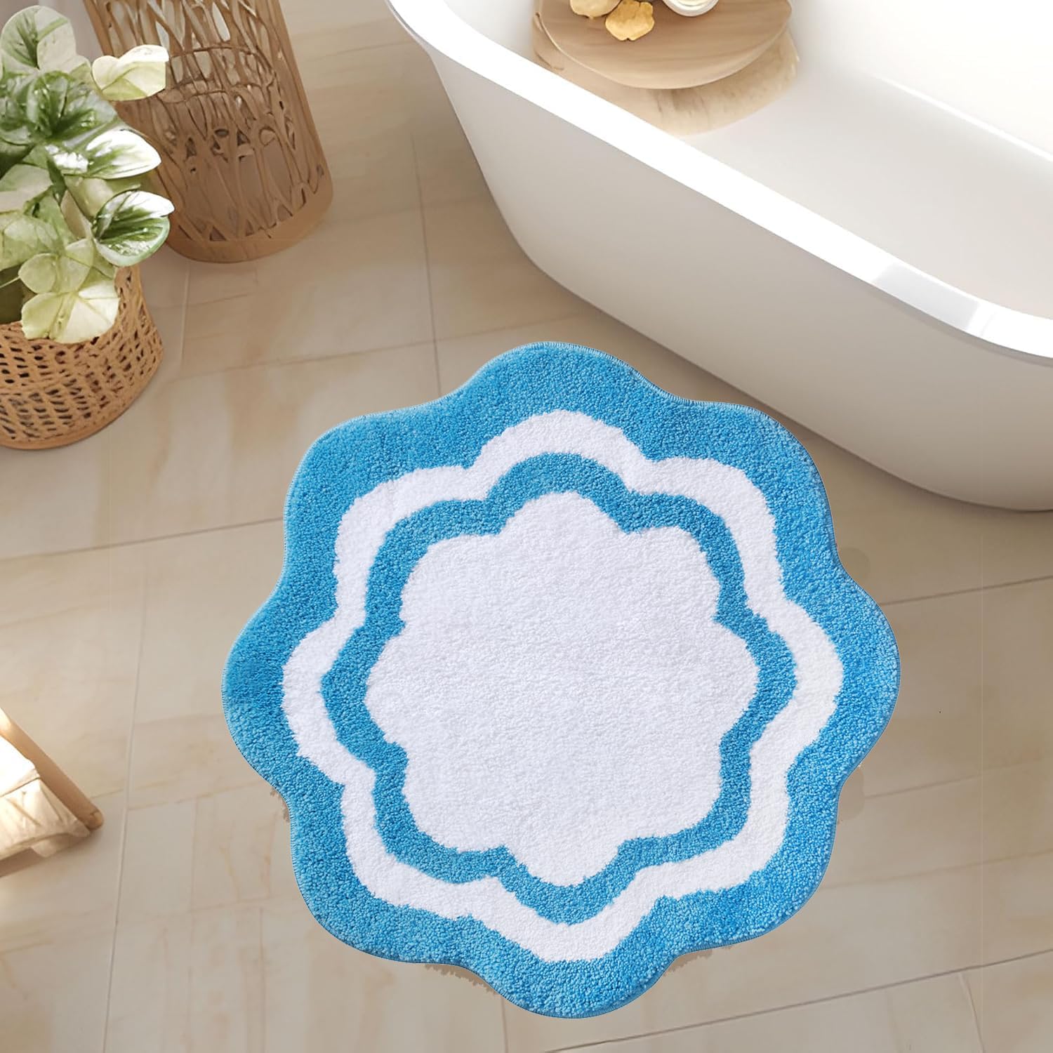 Cute Bath Mat,Flower Rug,Water Absorption Non Slip Mat,Soft Machine Wash Rug Mat for Bedroom Kitchen Bathroom Toilet Floors 25.6 x 25.6 Inches (Blue)