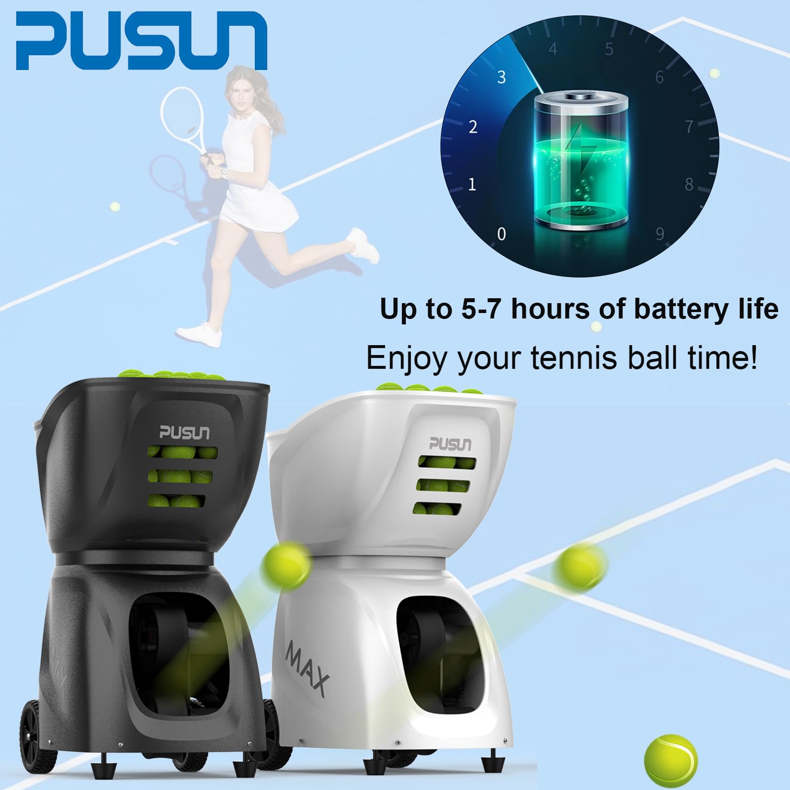 PUSUN Tennisballmaschine, PT-MAX C Tennisballwerfer für Porfessionelles Training, 145+ Ball-Kapazität, Dual-Steuerung über App und Fernbedienung, Programm/zufällig/Volley/Variation Speedball,