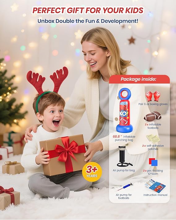 ODOSOLA Inflatable Punching Bag for Kids, 2-in-1 Freestanding Boxing Bag with Football Toss Game, 68.8'' Heavy Duty Karate Taekwondo Toy for Boys Girls Ages 3-12, Birthday Xmas Gift Ideas