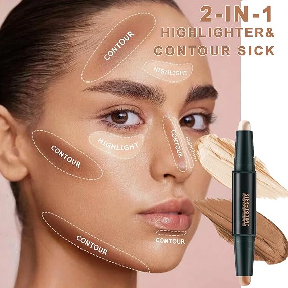 2-In-1 Contour Stick & Highlighter Makeup Stick - Smooth Cream Contour Bronzer Stick For Defining Sculpting Face - Waterproof Long-Lasting Multiuse Makeup stick For Medium Skin Tone