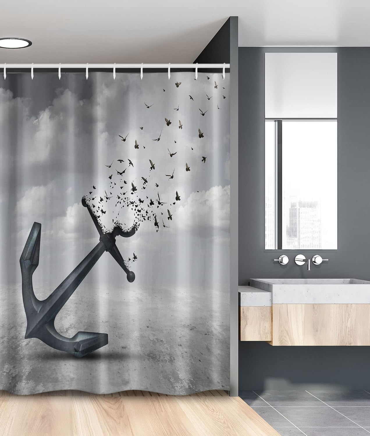 Ambesonne Birds Stall Shower Curtain, Anchor Turns into Group of Flying Birds Seagulls for Liberty and Hope Mood Graphic Art, Fabric Bathroom Decor Set with Hooks, 54" W x 78" L, Grey