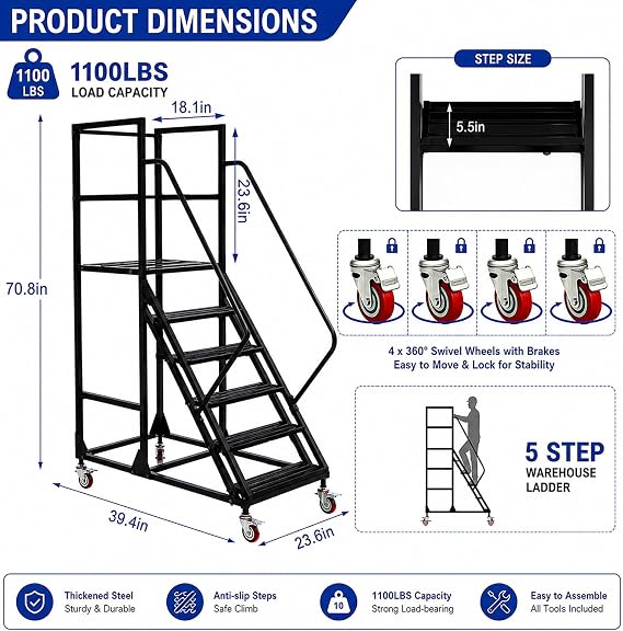 5-Step Rolling Warehouse Step Ladder, Lockable Wheels, Non-Slip Wide Steps, Dual Handrails, Movable Platform Ladder, Rolling Stairs for Warehouse, Supermarket, Library (Black, 5 Steps)