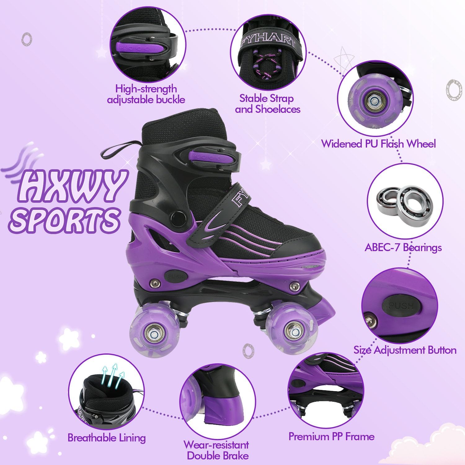 Kids Roller Skates for Girls Boys Child Beginners, Adjustable 4 Sizes Quad Roller Skates for Kids & Youth with Light Up Wheels for Sports (Purple & White