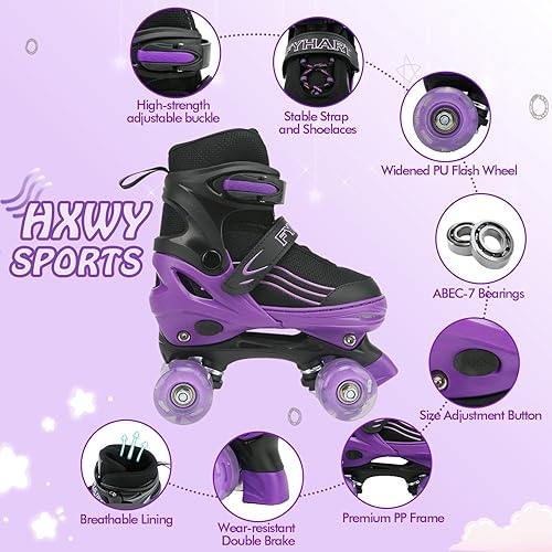 Miniatura 4 de Patines para niños y niñas, niños principiantes, 4 tamaños ajustables, patines cuádruples para niños y jóvenes, con ruedas iluminadas para deportes