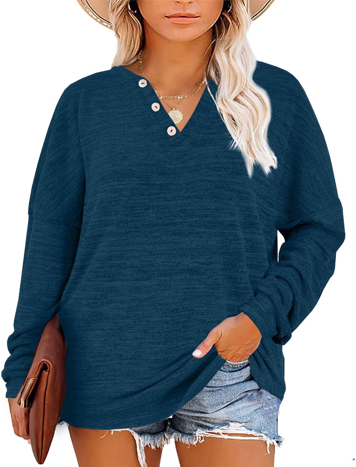 Womens Plus Size Tops Long Sleeve Henley Shirts Oversized Sweatshirt L-4XL