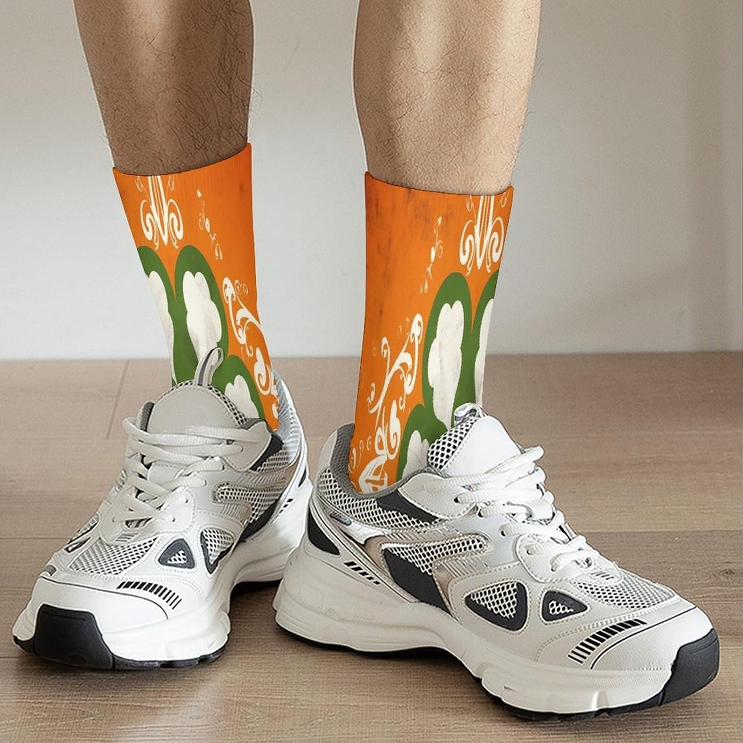 Green And White Pattern Crew Sock High Stocking Grippy Socks | Socks for Men & Women,Stockings-Long Thin Tube Sports, Breathable Soft Athletic for Nurses,Travel