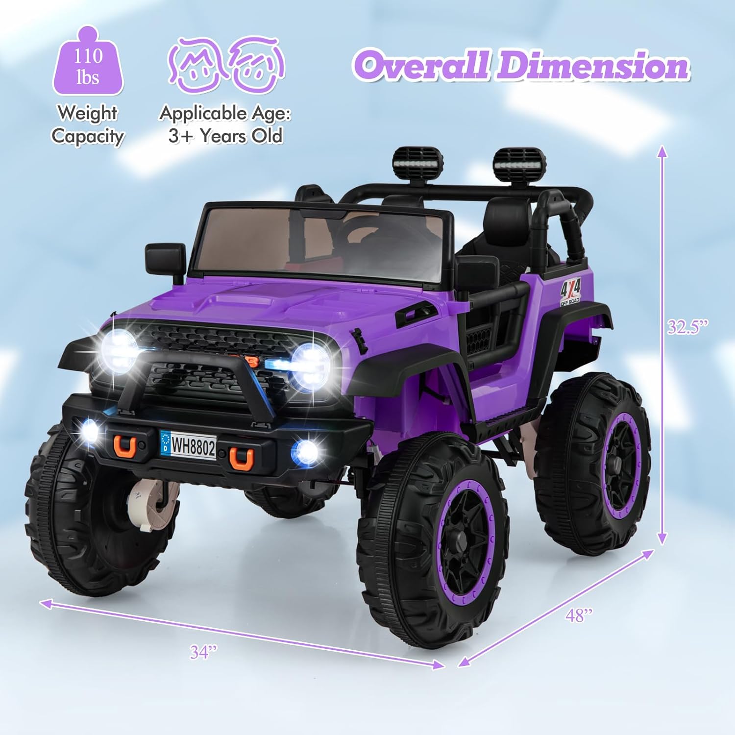 INFANS 24V 2 Seater Ride on Car for Kids, 2WD/4WD Battery Powered with Remote Control, Music, USB, MP3, Spring Suspension, 20" Wide Seat Electric Jeep Toys for Boys Girls Aged 3+ (Purple)