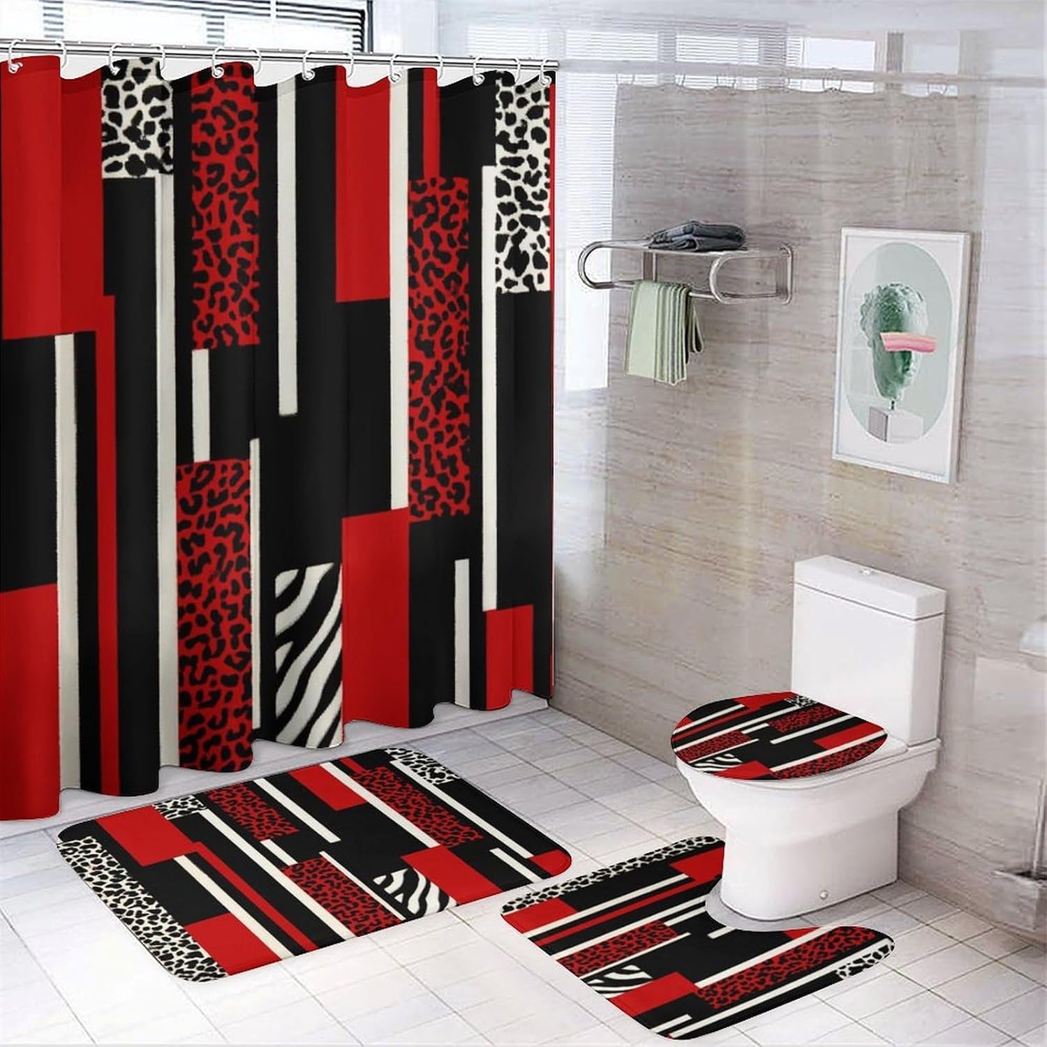 Bathroom 4-Piece Set Art Leopard Print Zebra Stripe Standard 72'' X 72'' Shower Curtain, Geometric Block Non-Slip Plush Bath Mat & Toilet Cover Quick Dry & U Rugs with 12 Hook