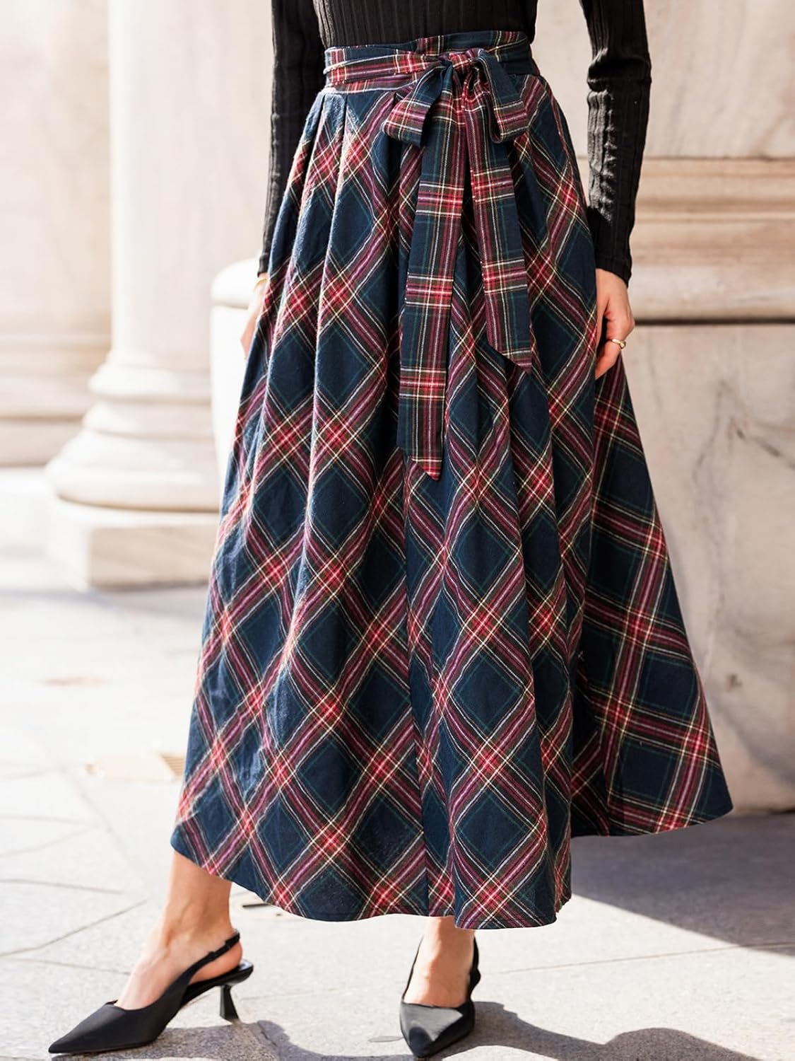 CUPSHE Women's Plaid Maxi Skirts Dressy A Line Tie Waist Long Skirt Casual Vintage Office with Pockets - Image 2