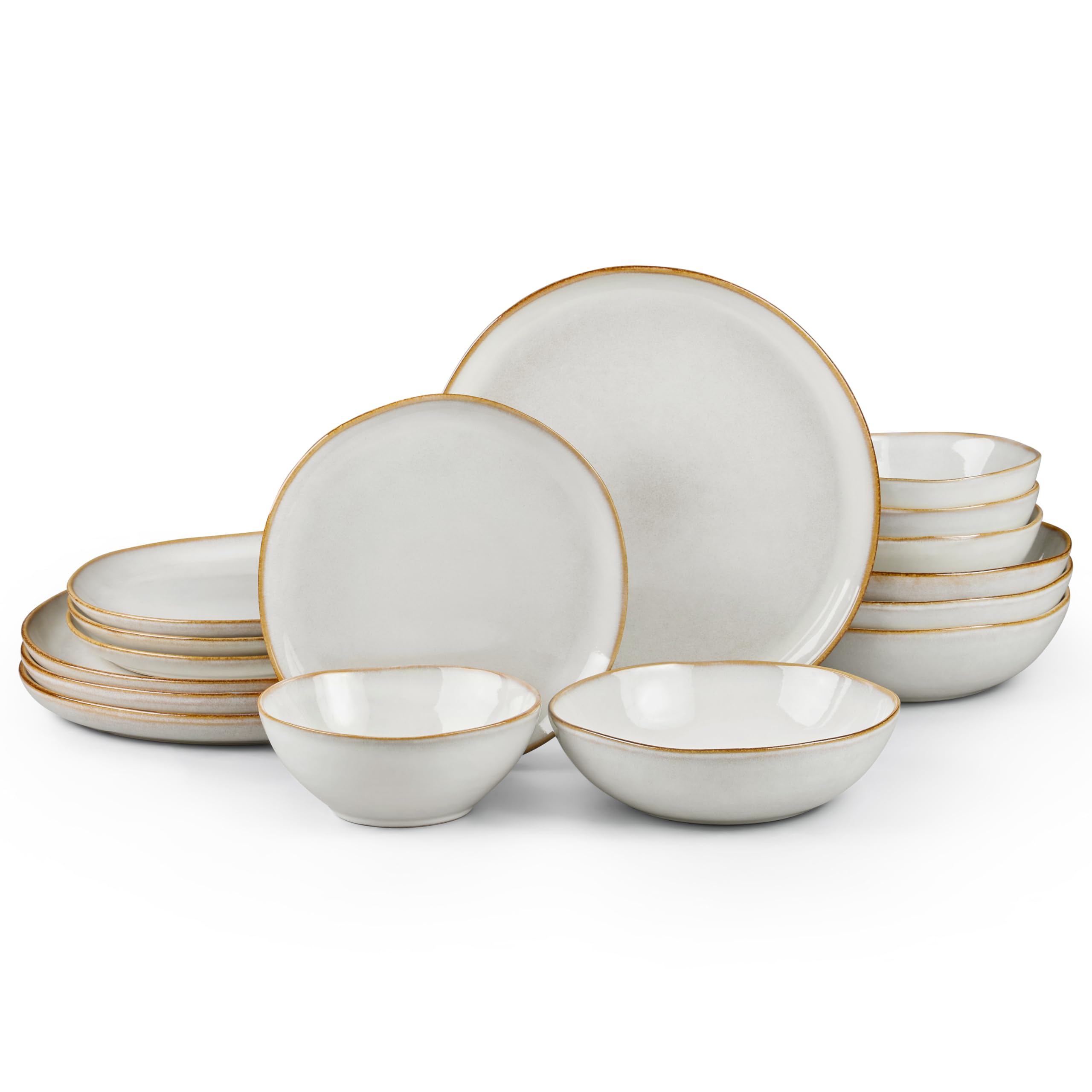 HaWare Plates and Bowls Set, Stoneware Dinnerware Sets, 16-Piece Hand-painted Dishware for 4, Ceramic Dish Set for Home Kitchen, Scratch Resistant, Microwave and Dishwasher Safe, Reactive Pearl White
