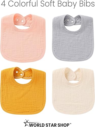Miniatura 2 de World Star Shop Juego de (4) baberos coloridos de muselina 100% algodón, con broches dobles para 3 tamaños, para alimentación, para babear.