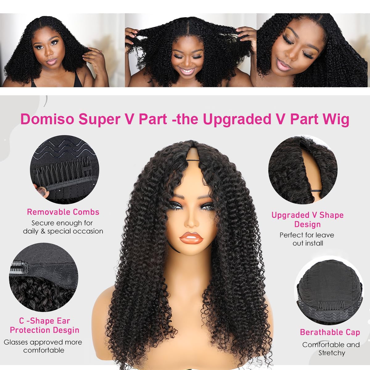 Domiso Afro Kinky Curly V Part Wig Human Hair Pre-Minimum Leave Out Upgraded V Part Wigs with Anti Slip Elastic Band and Removable Clips for Secure 20 Inch