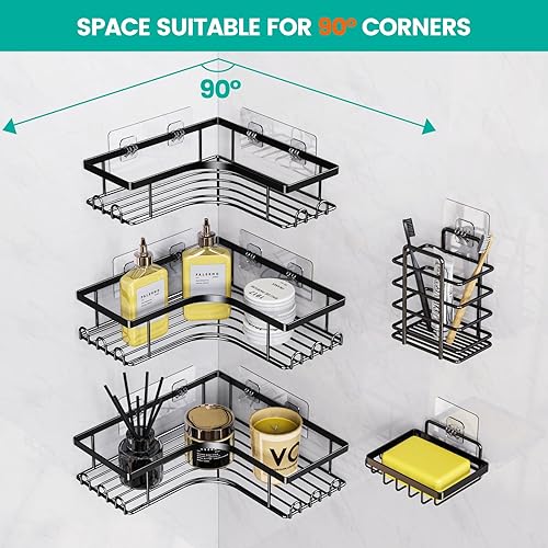Miniatura 2 de Bilillo Organizador de ducha de esquina, 5 piezas adhesivo a prueba de óxido montado en la pared, con soporte para jabón y soporte para cepillo de