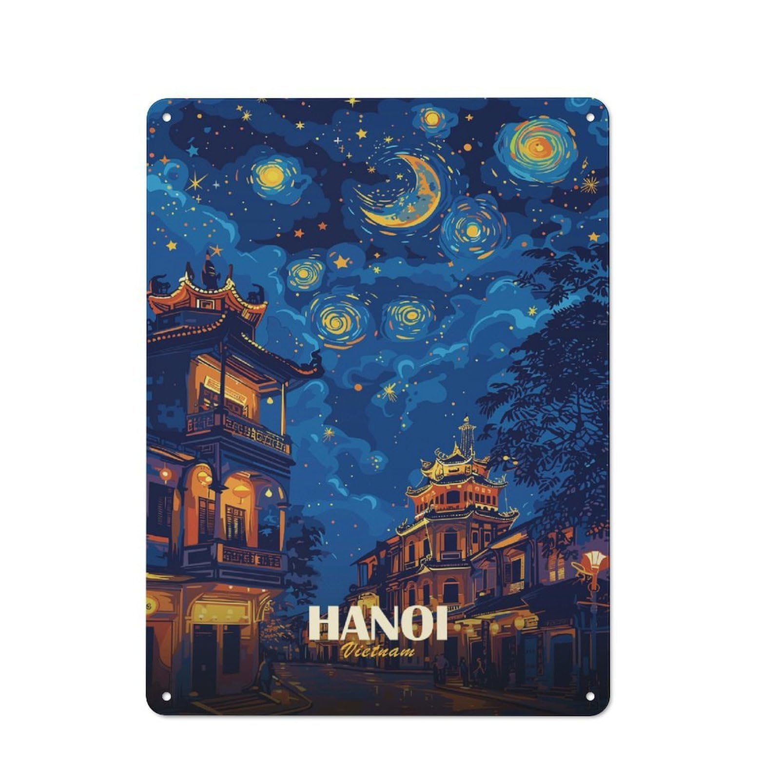 Hanoi, Vietnam Nightscape Art Warehouse Style Metal Wall Decor 40x30cm, Metal Wall Sign for Workspace, Cafe, Hallway Or Garage
