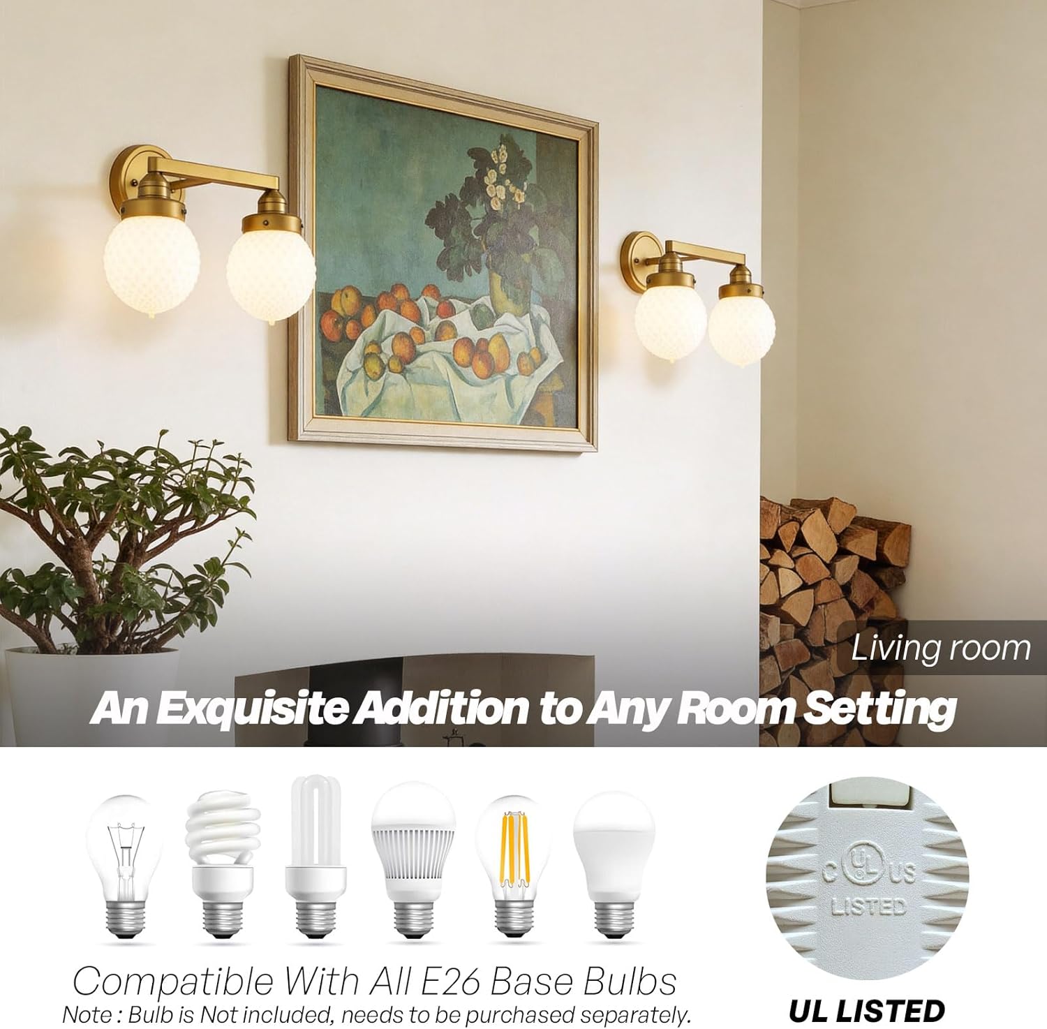 Vintage Gold 2-Light Milk Glass Wall Sconce, Bathroom Vanity Light Fixtures, Damp Rated Hardwired Double Sconce for a Designer Touch in Any Room.