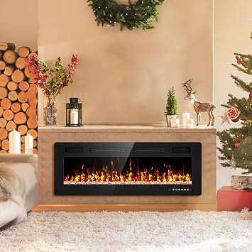 Electric Fireplace 50 Recessed and Wall Mounted Fire Places with Remote Control, Touch Screen