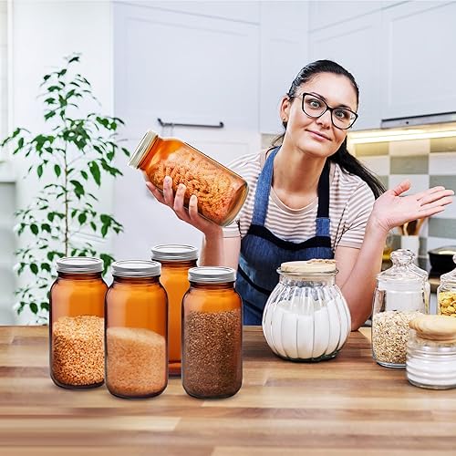 Miniatura 4 de Juego de 6 tarros de vidrio ámbar de 64 onzas, tarros de vidrio para conservas de ámbar en relieve, tarros de fermentación de medio galón con tapas