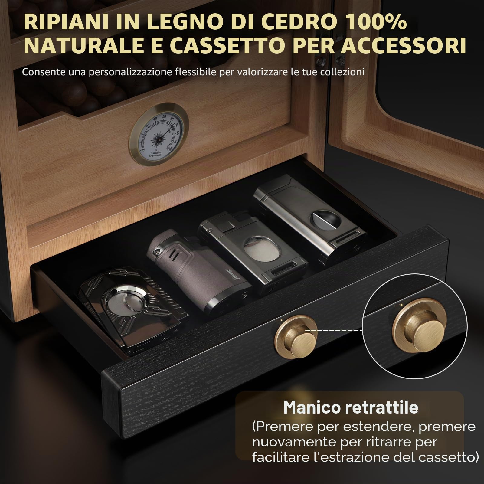 Tesonway Umidificatore per sigari, con sistema di controllo della luce, con ripiani in legno di cedro spagnolo, igrometro, 3 umidificatori e cassetto per accessori per sigari, regalo per la festa del