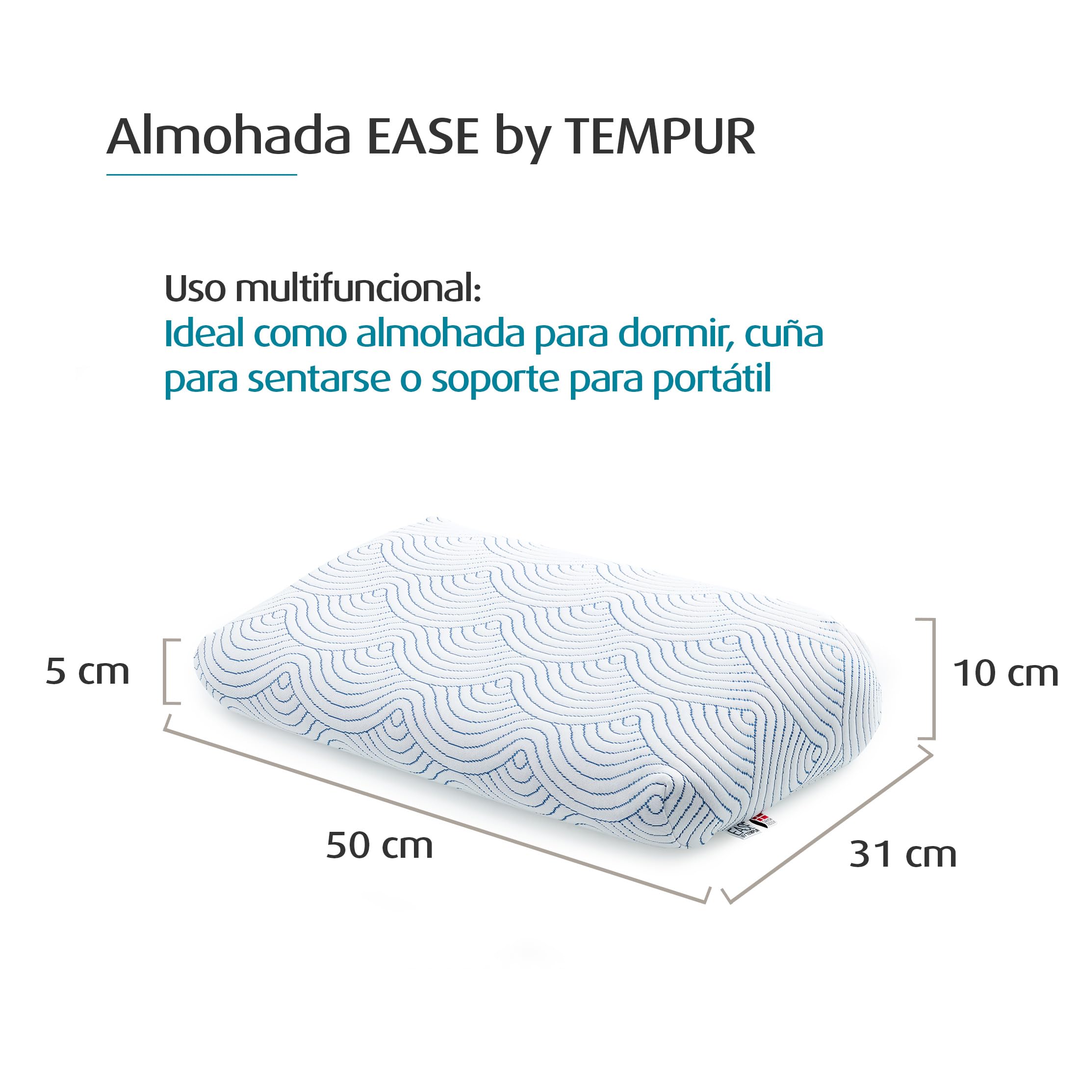 TEMPUR Almohada Ease, sensación Firme, 50 x 31 x 10/5 cm | Almohada cervical ergonómica TEMPUR de espuma viscoelástica compatible con todas las posiciones de descanso.