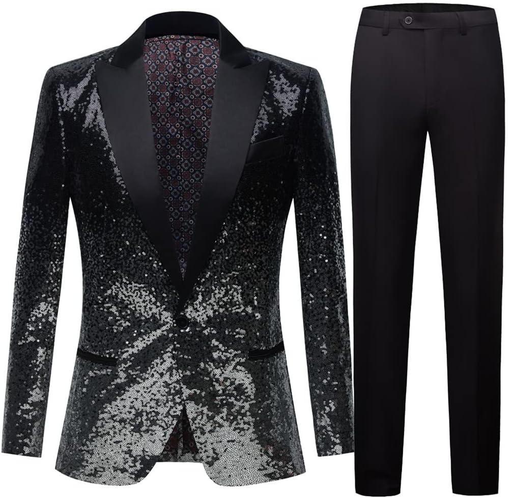 Men's Black Two-Tone Sequin Slim-fit Suit Party Stage DJ Costume Jacket