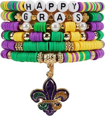 Mardi Gras Bracelets for Women, 6-Pack Stackable Stretch Bead Set |,Multi-Layer Boho Carnival Party Jewelry,Holiday Friendship Gift