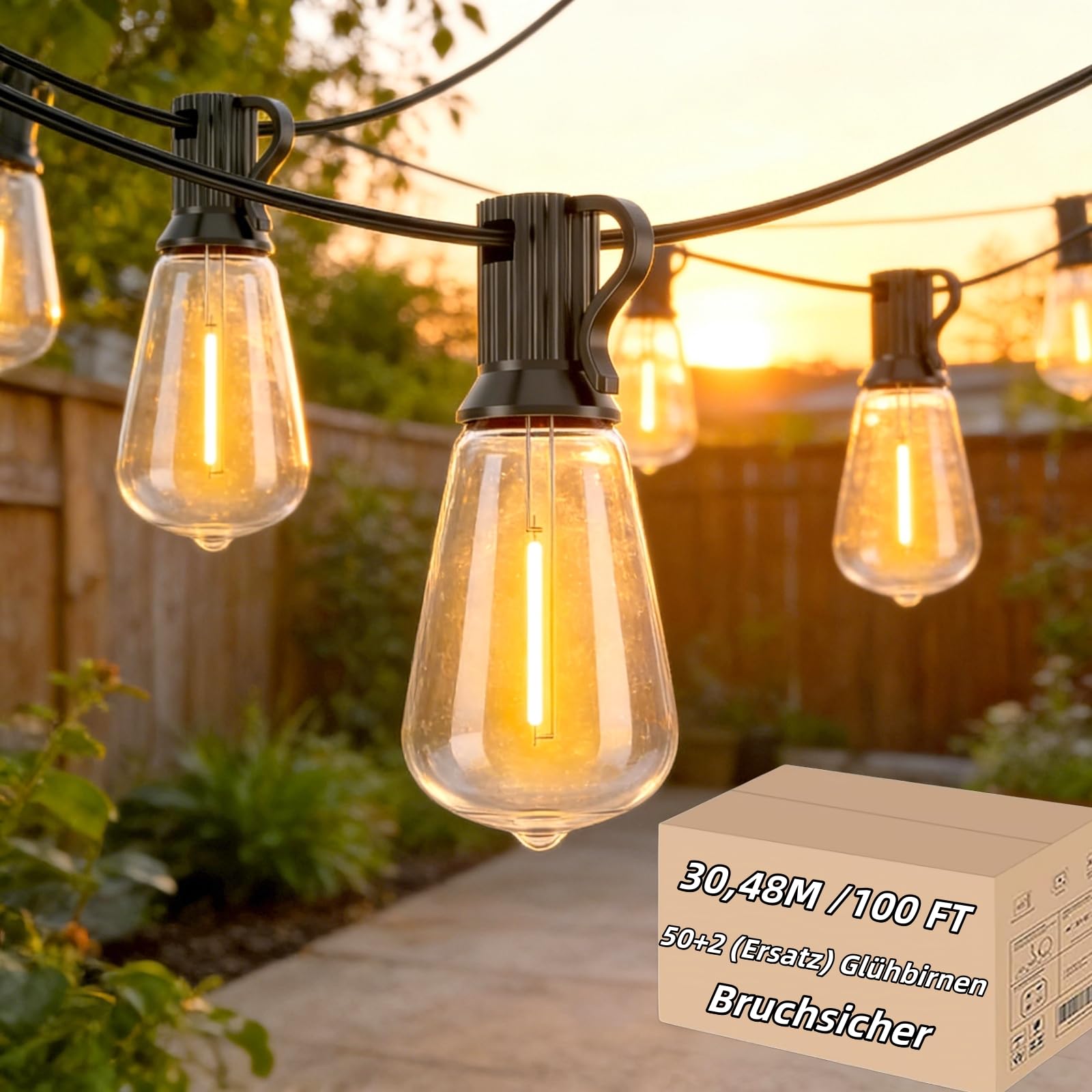 AzureStar Catena luminosa per esterni, 30 m, 100 m, estendibile, per esterni, IP44, impermeabile con 50 + 2 ST38 LED, in plastica, luce bianca calda, per esterni, giardino, terrazza, matrimonio